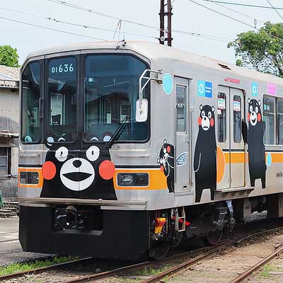 熊本電鉄で01形「くまモンのラッピング電車」運転開始記念イベント開催